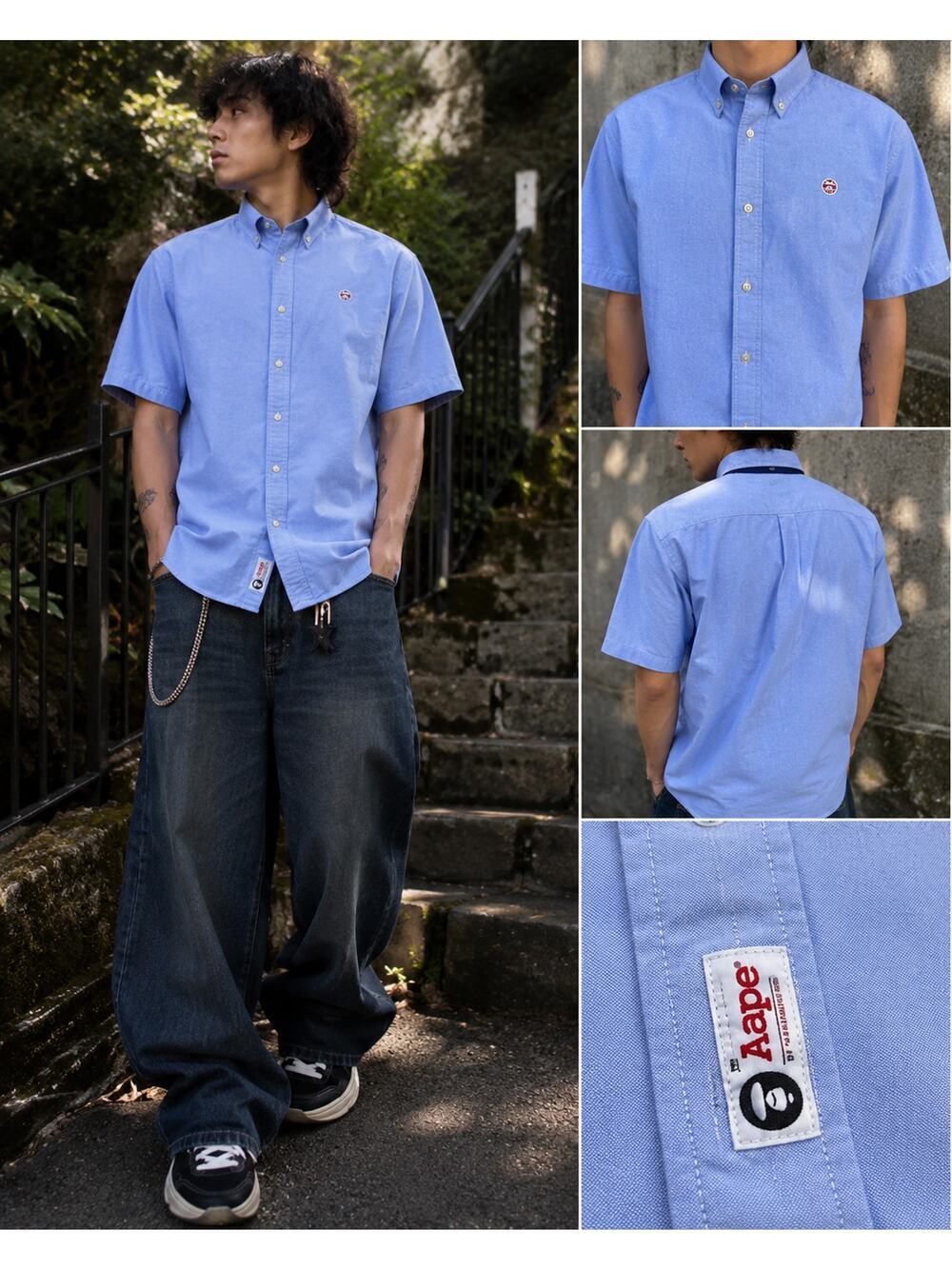AAPE by A Bathing Ape Oxford Button Down Shirt Men's Large Blue Short Sleeve